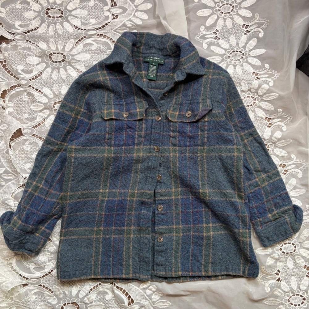 Lauren Ralph Lauren Womens Blue Plaid 100% Wool Button Down Shirt Size M 1021